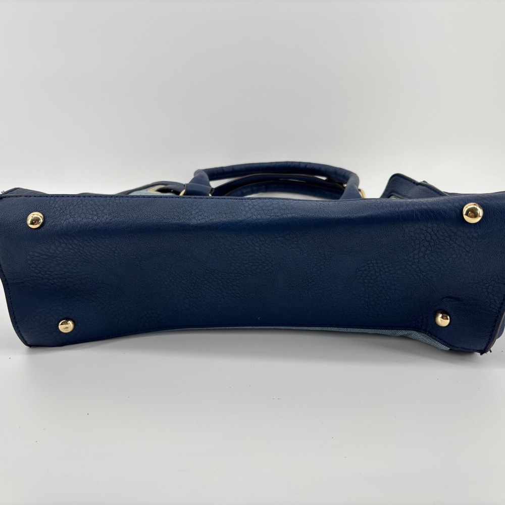 Charming Charlie Navy Blue Faux Leather and Denim Satchel Crossbody Bag Gold - Picture 10 of 12
